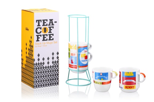 Utwardzona porcelana, zestaw kubków z nadrukami, kolorowe, stojak, cztery 4 kubki, prezent
