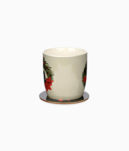 Kubek porcelanowy Kot w Wieńcu Świątecznym z podstawką