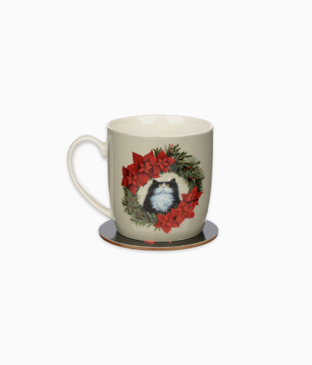 Kubek porcelanowy Kot w Wieńcu Świątecznym z podstawką