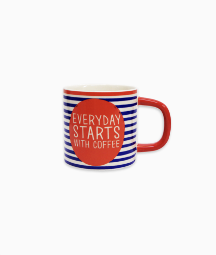 Kubek w paski granatowe czerwone Everyday starts with coffee