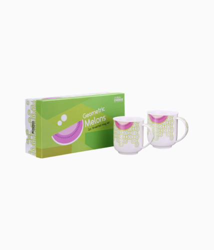 Zestaw, dwa kubki, porcelana utwardzona, arbuz, retro wzór, stylizowany, kubek, geometryczne owoce, komplet śniadaniowy