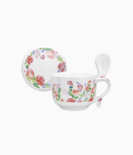 Porcelanowy kubek w kwiaty z łyżką i pokrywką, zestaw, prezent dla mamy