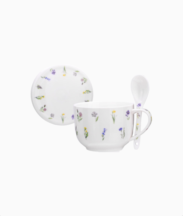 Porcelanowy kubek w kwiaty z łyżką i pokrywką, zestaw, prezent dla mamy