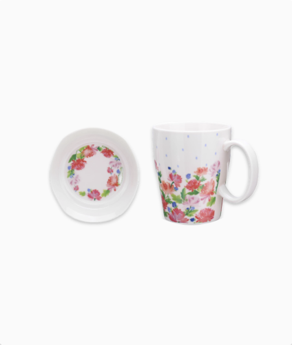 Utwardzona porcelana, kubek w kwiaty, podstawka, zestaw 2 elementy