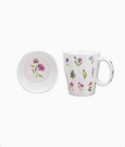 Utwardzona porcelana, kubek w kwiaty, podstawka, zestaw 2 elementy